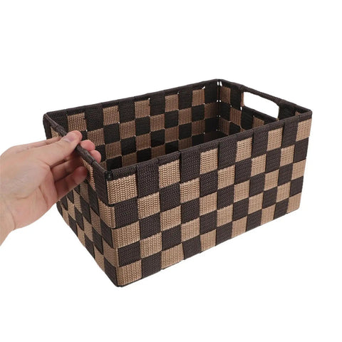 Top Shelf Clothing Storage Bin With Reinforced Metal Frame And Grippy Polyester Weave Handles shown in hand, featuring a brown and beige checkered design.
