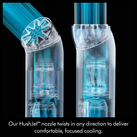Transparent view of HushJet Mini Personal Fan showing adjustable nozzle for Quiet Evaporative Cooling on the go in Stone and Blush.