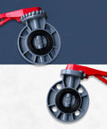 Heavy Duty Six Inch Cpvc Butterfly Valve With Lever Handle And Ansi Certified Assembly featuring a gray body and red lever handle.
