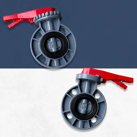Heavy Duty Six Inch Cpvc Butterfly Valve With Lever Handle And Ansi Certified Assembly featuring a gray body and red lever handle.