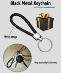 Black metal keychain with braided wrist strap, shown alongside a ring of keys and a gift box illustration.