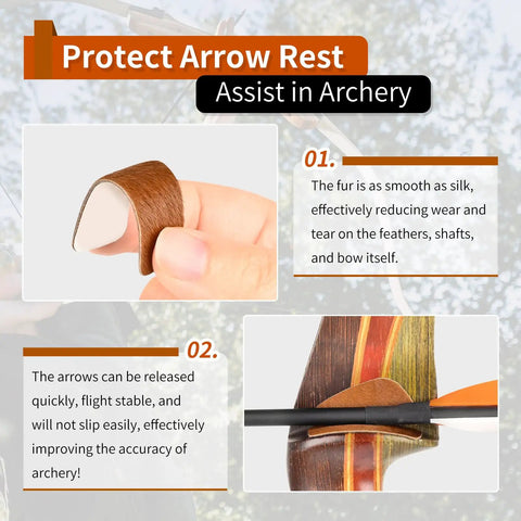 Close-up of brown fur arrow rest for recurve bow, moon shape design, adhesive shelf rest on bow, improves archery accuracy