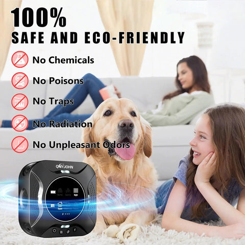 Indoor Ultrasonic Pest Repeller Plug In With Led Strobe Light For Home Use Repels Mice Squirrels Rodents shown in living room.