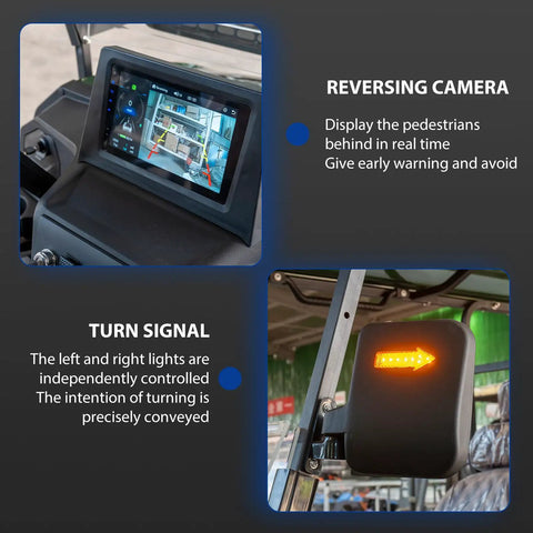 Rugged Off Road 4 Seater Electric Golf Cart With 5 Kw Motor And Hella Smooth Ride For Park Tours And Hotel Shuttles Featuring Fast Charging and rear reversing camera and turn signal display.