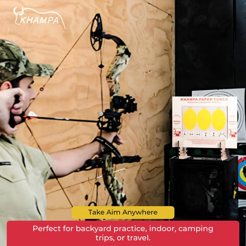 Archer using Portable Reusable Archery Paper Tuning Kit with Stand and 12 Replaceable Target Sheets for Quick On The Fly Tuning