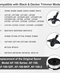 Compatibility chart for Three Pack AF-100 Weed Eater String Replacement Line For Black Decker Trimmers with model numbers.