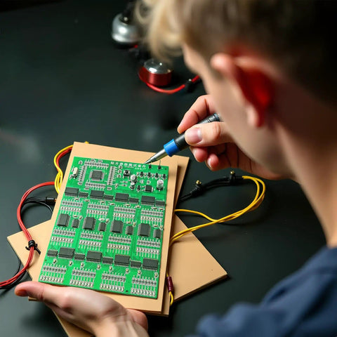 Person using Advanced SMD and SMT Soldering Practice Kit for Pro Electronics Hobbyists DIY Training Board With 313 Components And 1079 Precision Solder Points EK8489, showing precise detail work on the board.