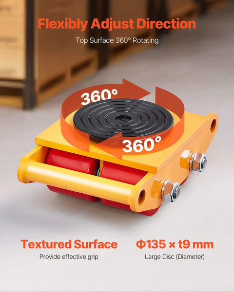 Beefy 4 Pack Heavy Duty Machinery Skates Dollies For Moving Up To 17,637 Lbs with 360-degree rotation and non-slip caps.