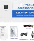 3.6KW 48V-120V Hybrid Solar Inverter Charger accessories including instruction manual, installation toolkit, and detection lines.