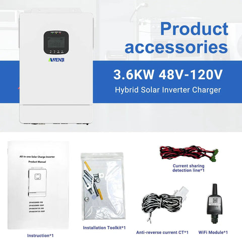 3.6KW 48V-120V Hybrid Solar Inverter Charger accessories including instruction manual, installation toolkit, and detection lines.