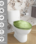 Quiet Close Elongated Toilet Seat for Bathroom in green, installed on toilet, showcasing ergonomic design and easy clean features.