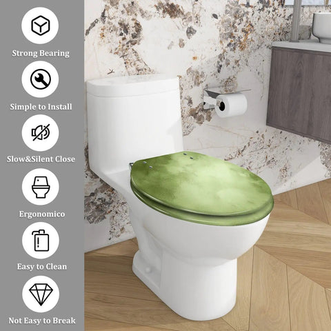 Quiet Close Elongated Toilet Seat for Bathroom in green, installed on toilet, showcasing ergonomic design and easy clean features.