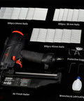 Pro Grade 16 Gauge Finish Nailer Gun Featuring One To Two And Half Inch Capacity And Lightning Fast Ninety Shots Per Minute, kit with nails and safety goggles.