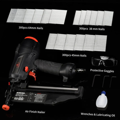 Pro Grade 16 Gauge Finish Nailer Gun Featuring One To Two And Half Inch Capacity And Lightning Fast Ninety Shots Per Minute, kit with nails and safety goggles.