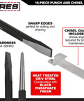 Heavy Duty Built To Last Pro Grade 16 Piece Punch And Chisel Set With Roll Pouch Includes Tapered Punches Pin Punches Center Punches And Cold Chisels For Automotive Metalworking Home Garage Projects And DIY shown with chisel gauge and labels.