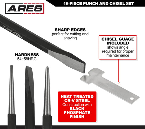 Heavy Duty Built To Last Pro Grade 16 Piece Punch And Chisel Set With Roll Pouch Includes Tapered Punches Pin Punches Center Punches And Cold Chisels For Automotive Metalworking Home Garage Projects And DIY shown with chisel gauge and labels.