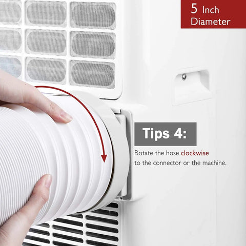 Universal 5 Inch Portable Air Conditioner Exhaust Hose, 78 Inch Long, Clockwise Thread, White, being installed