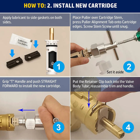 Step-by-step guide on using 1222 Replacement Cartridge Kit With Puller And Retainer Clip For One Handle Tub And Shower Valves.
