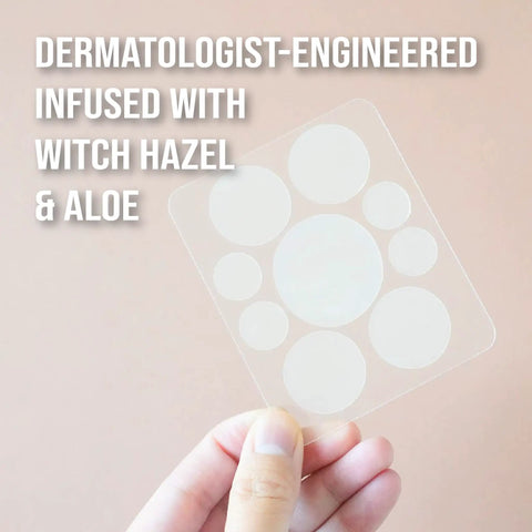 Clear patch sheet labeled "Dermatologist-Engineered Infused with Witch Hazel & Aloe" held by hand