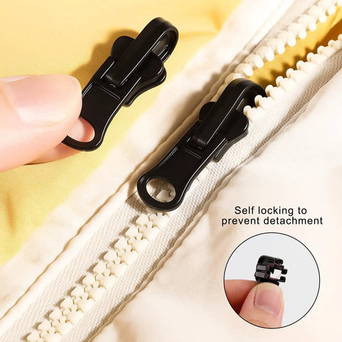 Universal Zipper Repair Kit 9 Pack With Small Medium Large Sliders And Three Zipper Pulls installed on white jacket zipper.