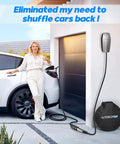 Heavy Duty Tesla Charger Extension Cable 21 Ft And 48 Amp Nacs Ev Cord connected to a Tesla in a home garage setting.