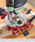 Ultra Premium Adjustable Dual Fence Mortise Base For Plunge Routers With 3/8 Guide Rods on a woodworking table.