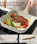16 Piece Ceramic Pots And Pans Set Nonstick With 9.5 Inch Grill Pan cooking steak and vegetables on stove