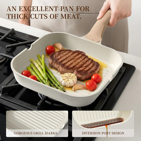 16 Piece Ceramic Pots And Pans Set Nonstick With 9.5 Inch Grill Pan cooking steak and vegetables on stove