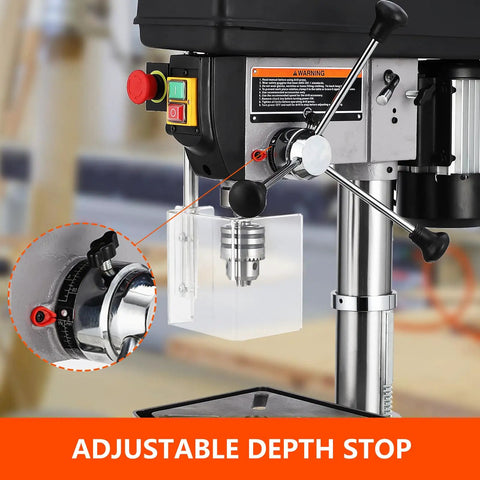 Close-up of Beefy 17 Inch Floor Drill Press With Swing Away Safety Guard showing adjustable depth stop and control panel.