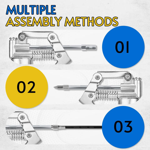 Blue mini grease gun kit with chrome fittings; three views show front, side, and extended-hose assembly.