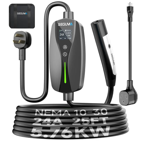 Portable Tesla Wall Connector Featuring No Sweat Nema 10 30 Plug Method Level 2 Ev Speed Charger With Tunable Amps, 25ft cord.
