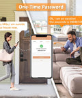 Woman using Keyless Entry Door Lock With Two Lever Handles, Fingerprint Entry Handleset, Digital Keypad Deadbolt With App