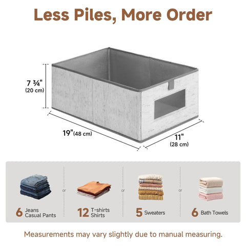 Top Shelf Fabric Storage Bins With Clear Mesh Windows And Tough Pull Handles Level Up Your Closet Game In Clean Grey Four Pack For Easy Peasy Organization, measuring 19 by 11 by 7.75 inches.