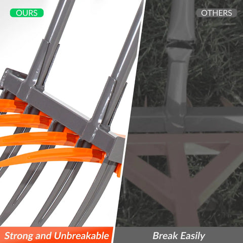 Comparison of Beast Of A Broad Fork Garden Tool With 9 Tines Heavy Duty Ergonomic U Shaped Handle For Spading And Digging Soil In The Garden Two In One Pitchfork For Cultivating And Aerating showing durable tines.