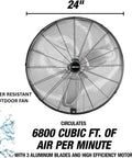 Beefy 24 Inch Outdoor Wall Mount Fan With 6800 CFM Airflow 80 Degree Oscillation Water Resistant Ideal For Garage Gym Warehouse