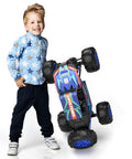 Child posing with Large 1:8 Scale Monster Truck RC Car For Adults And Teens, Off Road 4WD All Terrain Crawler in blue