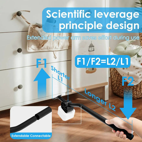Scientific leverage design demonstrating extended power arm concept for Heavy Duty Furniture Sliders And Moving Dollies With 360 Degree Swivel Wheels.