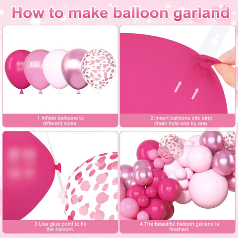 All In One Hot Pink Balloon Arch Garland Kit With 153 Latex Balloons In 18 Inch 12 Inch 10 Inch And 5 Inch Sizes Plus Metallic Confetti For Baby Shower Birthday Princess Wedding And Mothers Day Party Decor showing step-by-step instructions