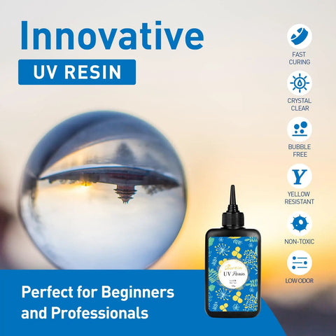 Bottle of UV resin with crystal clear effect and text highlighting fast curing, non-toxic properties for jewelry making.