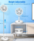 Height adjustable foldable portable oscillating fan with 8000mAh USB C battery, shown extended and folded on desk