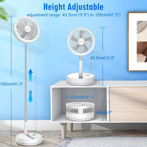 Height adjustable foldable portable oscillating fan with 8000mAh USB C battery, shown extended and folded on desk