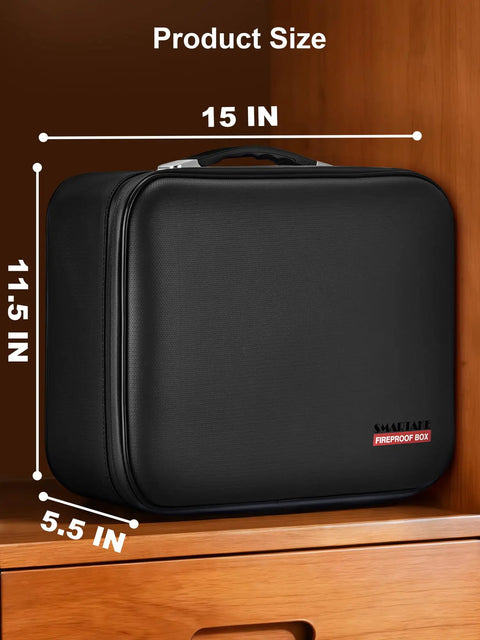 Fireproof Waterproof Document Safe Box With Lock For Important Docs And Passports, Cash And Certificates, Laptop Storage, Heavy Duty Hard Case Organizer, Silver 15x11.5x5.5 Inches, displayed on a wooden shelf highlighting size.