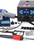 Upgraded 2 In 1 ESD Safe Soldering Desoldering Station with Fast Heating Desoldering Gun and Soldering Iron, shown with accessories