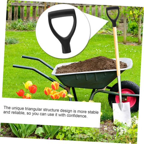 Pro Grade Shovel Replacement Handle Triangle Shape Easy To Install Durable Garden Tool with wheelbarrow and shovel in yard