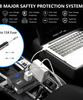 Plug And Play Road Trip Essential 120W Car Power Inverter 12V 24V To 110V AC With 3 AC Outlets dual cigar sockets shown in a car.