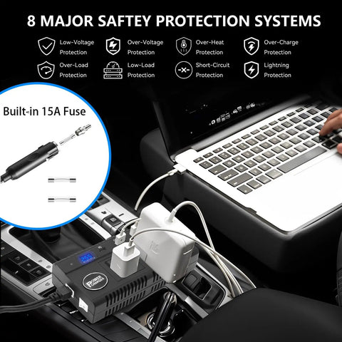 Plug And Play Road Trip Essential 120W Car Power Inverter 12V 24V To 110V AC With 3 AC Outlets dual cigar sockets shown in a car.