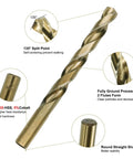 Close-up of cobalt drill bit with 135° split point, M35 HSS material, showing features for hardened metals, part of 29 Pc set.