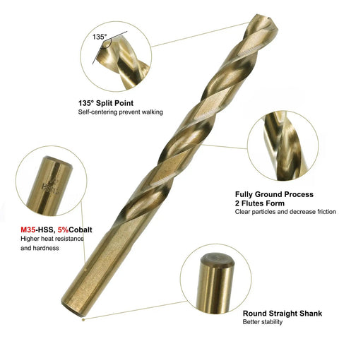 Close-up of cobalt drill bit with 135° split point, M35 HSS material, showing features for hardened metals, part of 29 Pc set.