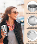 Rock Solid Double Wall Insulated Tumblers 19 Oz Set Of 8 Stackable Stainless Steel Cups held by a woman outdoors, showcasing a sleek design.