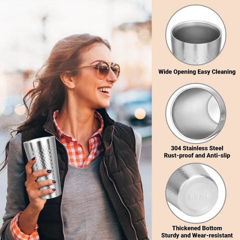 Rock Solid Double Wall Insulated Tumblers 19 Oz Set Of 8 Stackable Stainless Steel Cups held by a woman outdoors, showcasing a sleek design.